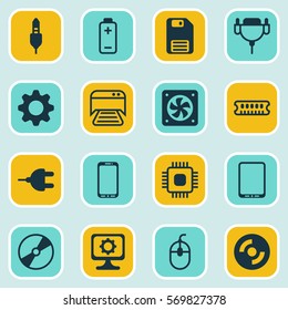 Set Of 16 Computer Hardware Icons. Includes Dynamic Memory, Computer Ventilation, Cd-Rom And Other Symbols. Beautiful Design Elements.