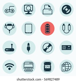 Set Of 16 Computer Hardware Icons. Includes Aux Cord, Laptop, File Scanner And Other Symbols. Beautiful Design Elements.