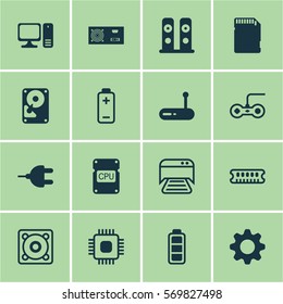 Set Of 16 Computer Hardware Icons. Includes Printed Document, Chip, Desktop Computer And Other Symbols. Beautiful Design Elements.