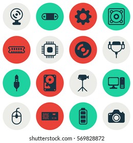 Set Of 16 Computer Hardware Icons. Includes Vga Cord, Dynamic Memory, Chip And Other Symbols. Beautiful Design Elements.