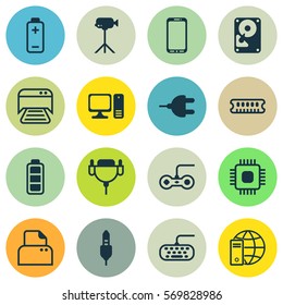 Set Of 16 Computer Hardware Icons. Includes File Scanner, Computer Keypad, Vga Cord And Other Symbols. Beautiful Design Elements.