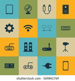 Set Of 16 Computer Hardware Icons. Includes Audio Device, Smartphone, Settings And Other Symbols. Beautiful Design Elements.
