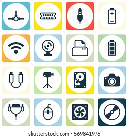 Set Of 16 Computer Hardware Icons. Includes Accumulator Sign, Wireless, Computer Ventilation And Other Symbols. Beautiful Design Elements.