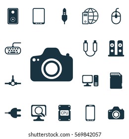 Set Of 16 Computer Hardware Icons. Includes Desktop Computer, Audio Device, Portable Memory And Other Symbols. Beautiful Design Elements.