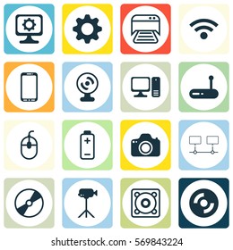 Set Of 16 Computer Hardware Icons. Includes Blank Cd, Camcorder, Control Device And Other Symbols. Beautiful Design Elements.