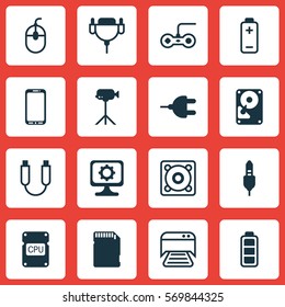 Set Of 16 Computer Hardware Icons. Includes Joystick, Vga Cord, Accumulator Sign And Other Symbols. Beautiful Design Elements.