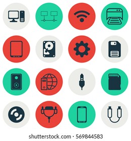 Set Of 16 Computer Hardware Icons. Includes Blank Cd, Cellphone, Printed Document And Other Symbols. Beautiful Design Elements.