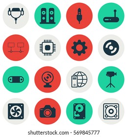 Set Of 16 Computer Hardware Icons. Includes Hdd, Web Camera, Blank Cd And Other Symbols. Beautiful Design Elements.