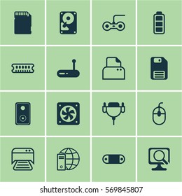 Set Of 16 Computer Hardware Icons. Includes Control Device, Vga Cord, Audio Device And Other Symbols. Beautiful Design Elements.