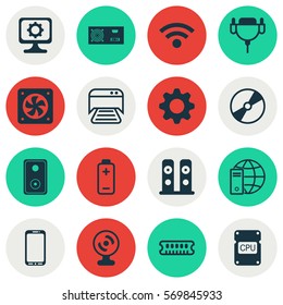 Set Of 16 Computer Hardware Icons. Includes Power Generator, Internet Network, Vga Cord And Other Symbols. Beautiful Design Elements.