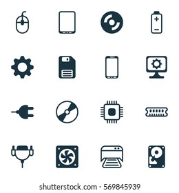 Set Of 16 Computer Hardware Icons. Includes Cellphone, Computer Ventilation, Printed Document And Other Symbols. Beautiful Design Elements.