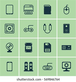 Set Of 16 Computer Hardware Icons. Includes Loudspeakers, Diskette, Web Camera And Other Symbols. Beautiful Design Elements.