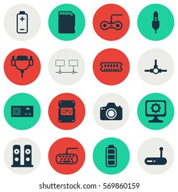 Set Of 16 Computer Hardware Icons. Includes Aux Cord, Power Generator, Network Structure And Other Symbols. Beautiful Design Elements.