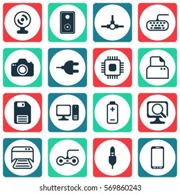 Set Of 16 Computer Hardware Icons. Includes Laptop, Printed Document, Connector And Other Symbols. Beautiful Design Elements.