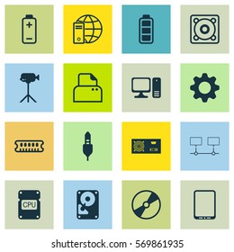 Set Of 16 Computer Hardware Icons. Includes Desktop Computer, Power Generator, Settings And Other Symbols. Beautiful Design Elements.