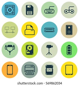 Set Of 16 Computer Hardware Icons. Includes Smartphone, Camcorder, Accumulator Sign And Other Symbols. Beautiful Design Elements.