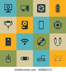 Set Of 16 Computer Hardware Icons. Includes Joystick, Portable Memory, Accumulator Sign And Other Symbols. Beautiful Design Elements.