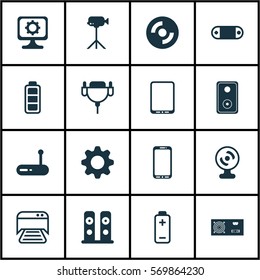 Set Of 16 Computer Hardware Icons. Includes Audio Device, Accumulator Sign, Radio Set And Other Symbols. Beautiful Design Elements.