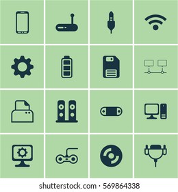 Set Of 16 Computer Hardware Icons. Includes File Scanner, Blank Cd, Aux Cord And Other Symbols. Beautiful Design Elements.