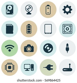 Set Of 16 Computer Hardware Icons. Includes Chip, Battery, Blank Cd And Other Symbols. Beautiful Design Elements.