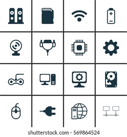 Set Of 16 Computer Hardware Icons. Includes Chip, Web Camera, PC And Other Symbols. Beautiful Design Elements.