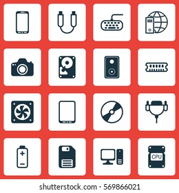 Set Of 16 Computer Hardware Icons. Includes Hdd, Battery, Smartphone And Other Symbols. Beautiful Design Elements.