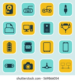 Set Of 16 Computer Hardware Icons. Includes Desktop Computer, Aux Cord, Joystick And Other Symbols. Beautiful Design Elements.