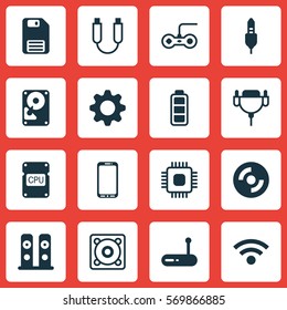 Set Of 16 Computer Hardware Icons. Includes Router, Joystick, Accumulator Sign And Other Symbols. Beautiful Design Elements.