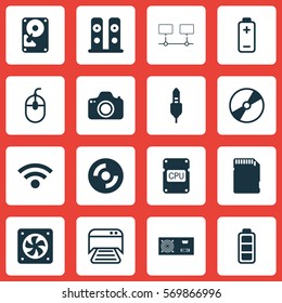 Set Of 16 Computer Hardware Icons. Includes Battery, Printed Document, Wireless And Other Symbols. Beautiful Design Elements.