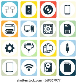 Set Of 16 Computer Hardware Icons. Includes Smartphone, Diskette, Printed Document And Other Symbols. Beautiful Design Elements.