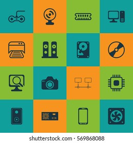 Set Of 16 Computer Hardware Icons. Includes Dynamic Memory, Smartphone, Printed Document And Other Symbols. Beautiful Design Elements.