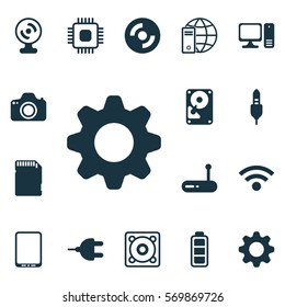 Set Of 16 Computer Hardware Icons. Includes Aux Cord, Music, Chip And Other Symbols. Beautiful Design Elements.
