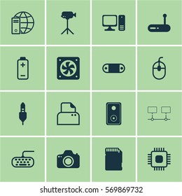 Set Of 16 Computer Hardware Icons. Includes File Scanner, Battery, Router And Other Symbols. Beautiful Design Elements.