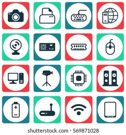 Set Of 16 Computer Hardware Icons. Includes Desktop Computer, Wireless, Cellphone And Other Symbols. Beautiful Design Elements.