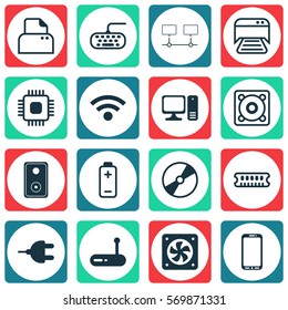 Set Of 16 Computer Hardware Icons. Includes Router, Wireless, File Scanner And Other Symbols. Beautiful Design Elements.