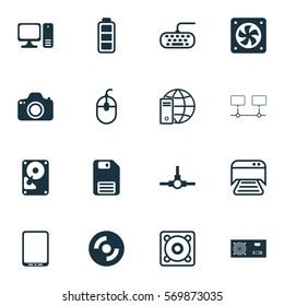 Set Of 16 Computer Hardware Icons. Includes Accumulator Sign, Desktop Computer, Music And Other Symbols. Beautiful Design Elements.