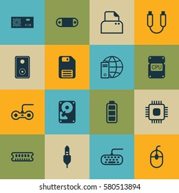 Set Of 16 Computer Hardware Icons. Includes Computer Keypad, Internet Network, Diskette And Other Symbols. Beautiful Design Elements.