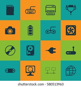 Set Of 16 Computer Hardware Icons. Includes Cd-Rom, Camera, Hdd And Other Symbols. Beautiful Design Elements.