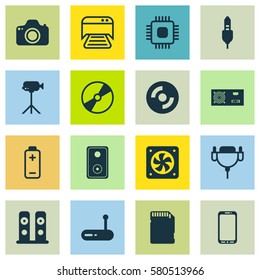 Set Of 16 Computer Hardware Icons. Includes Cd-Rom, Smartphone, Power Generator And Other Symbols. Beautiful Design Elements.