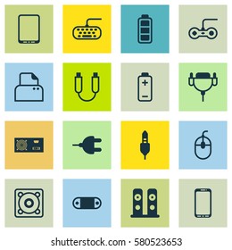 Set Of 16 Computer Hardware Icons. Includes File Scanner, Battery, Music And Other Symbols. Beautiful Design Elements.