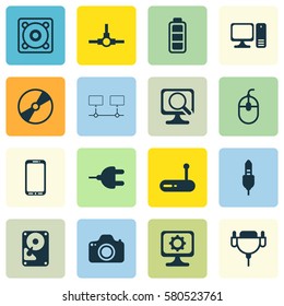 Set Of 16 Computer Hardware Icons. Includes Music, Accumulator Sign, Desktop Computer And Other Symbols. Beautiful Design Elements.