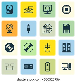 Set Of 16 Computer Hardware Icons. Includes Hdd, Computer Keypad, Internet Network And Other Symbols. Beautiful Design Elements.