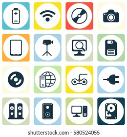 Set Of 16 Computer Hardware Icons. Includes Cd-Rom, Diskette, Wireless And Other Symbols. Beautiful Design Elements.