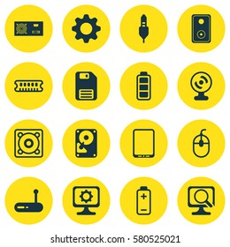 Set Of 16 Computer Hardware Icons. Includes Laptop, Accumulator Sign, Hdd And Other Symbols. Beautiful Design Elements.