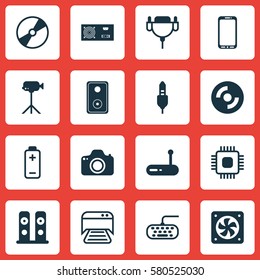 Set Of 16 Computer Hardware Icons. Includes Battery, Printed Document, Power Generator And Other Symbols. Beautiful Design Elements.