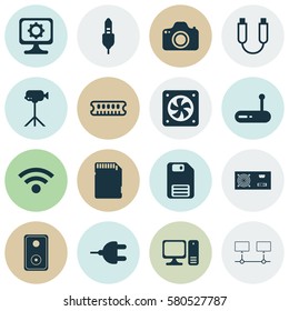 Set Of 16 Computer Hardware Icons. Includes Portable Memory, Diskette, Camera And Other Symbols. Beautiful Design Elements.