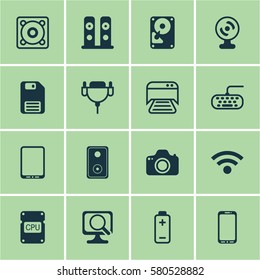 Set Of 16 Computer Hardware Icons. Includes Battery, Camera, Computer Keypad And Other Symbols. Beautiful Design Elements.