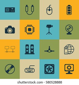 Set Of 16 Computer Hardware Icons. Includes Internet Network, Portable Memory, Network Structure And Other Symbols. Beautiful Design Elements.