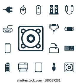 Set Of 16 Computer Hardware Icons. Includes Cellphone, Loudspeakers, Music And Other Symbols. Beautiful Design Elements.