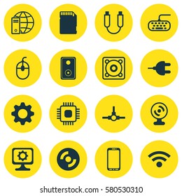 Set Of 16 Computer Hardware Icons. Includes Memory Card, Wireless, Network Structure And Other Symbols. Beautiful Design Elements.